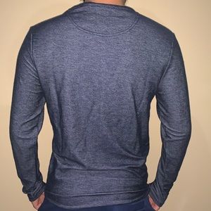 Long sleeve blue navy slim fit modelsheight is 5’8